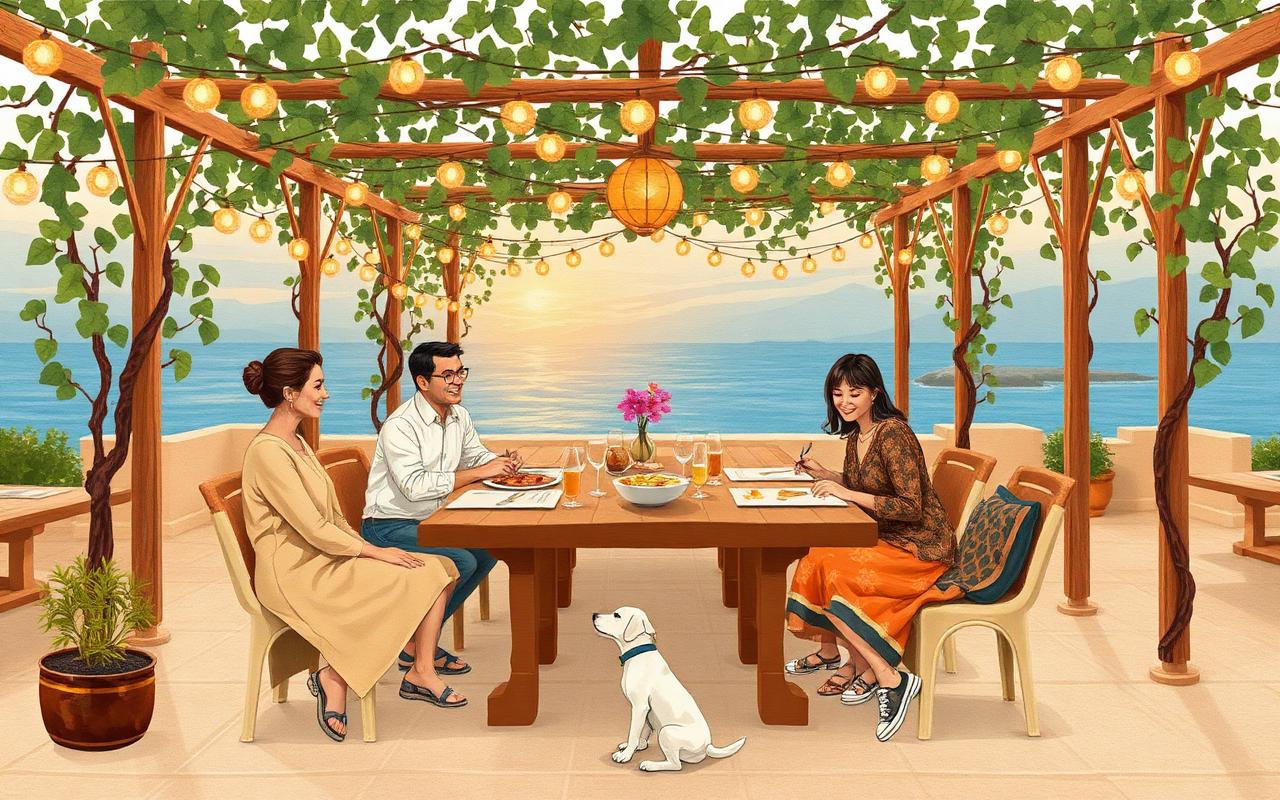 Beachfront restaurant tables on the sand at sunset in Limassol