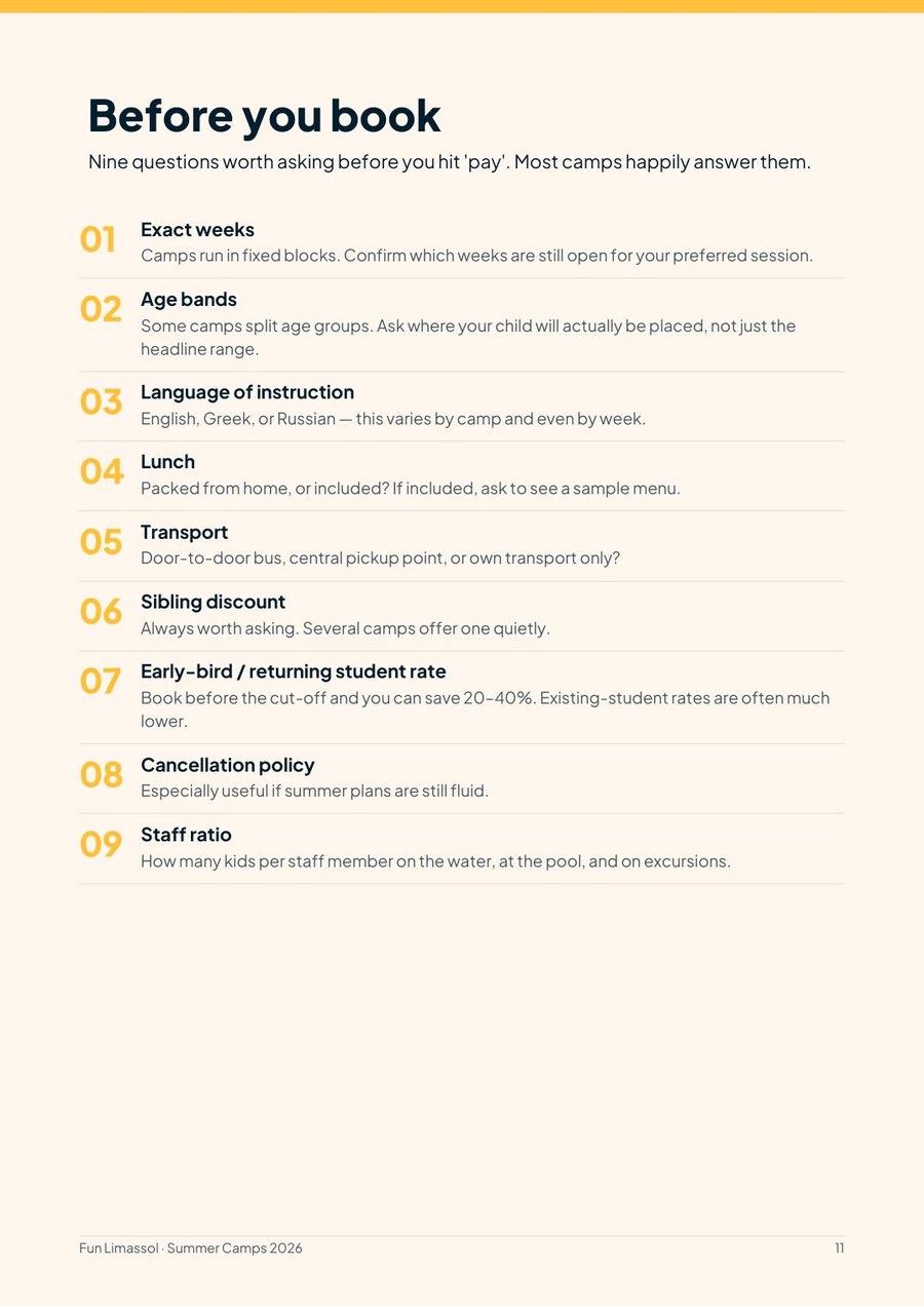 Before-you-book checklist page