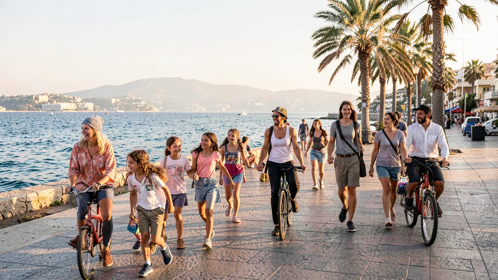 Families walking and cycling on a Mediterranean seafront